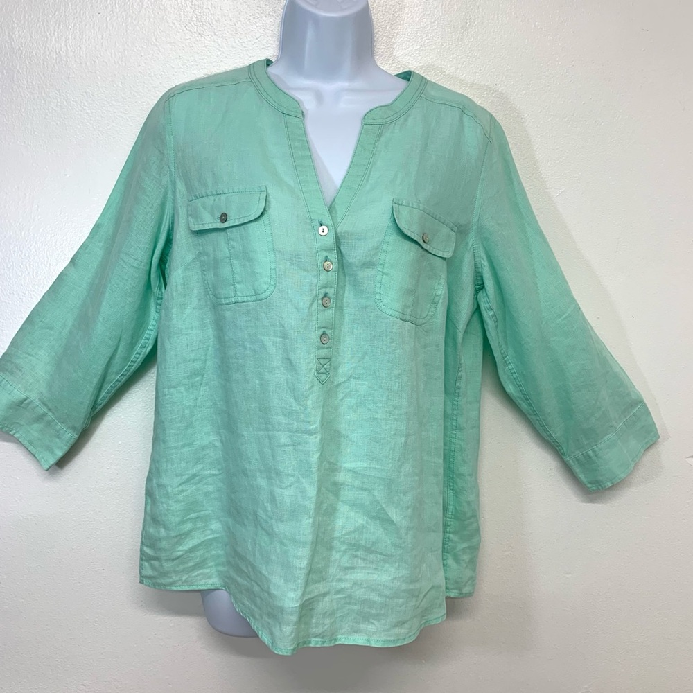 M & S Blouse Woman 8 Flax Linen Pop Over Mint Green 3/4 Roll Tab Vacation Summer